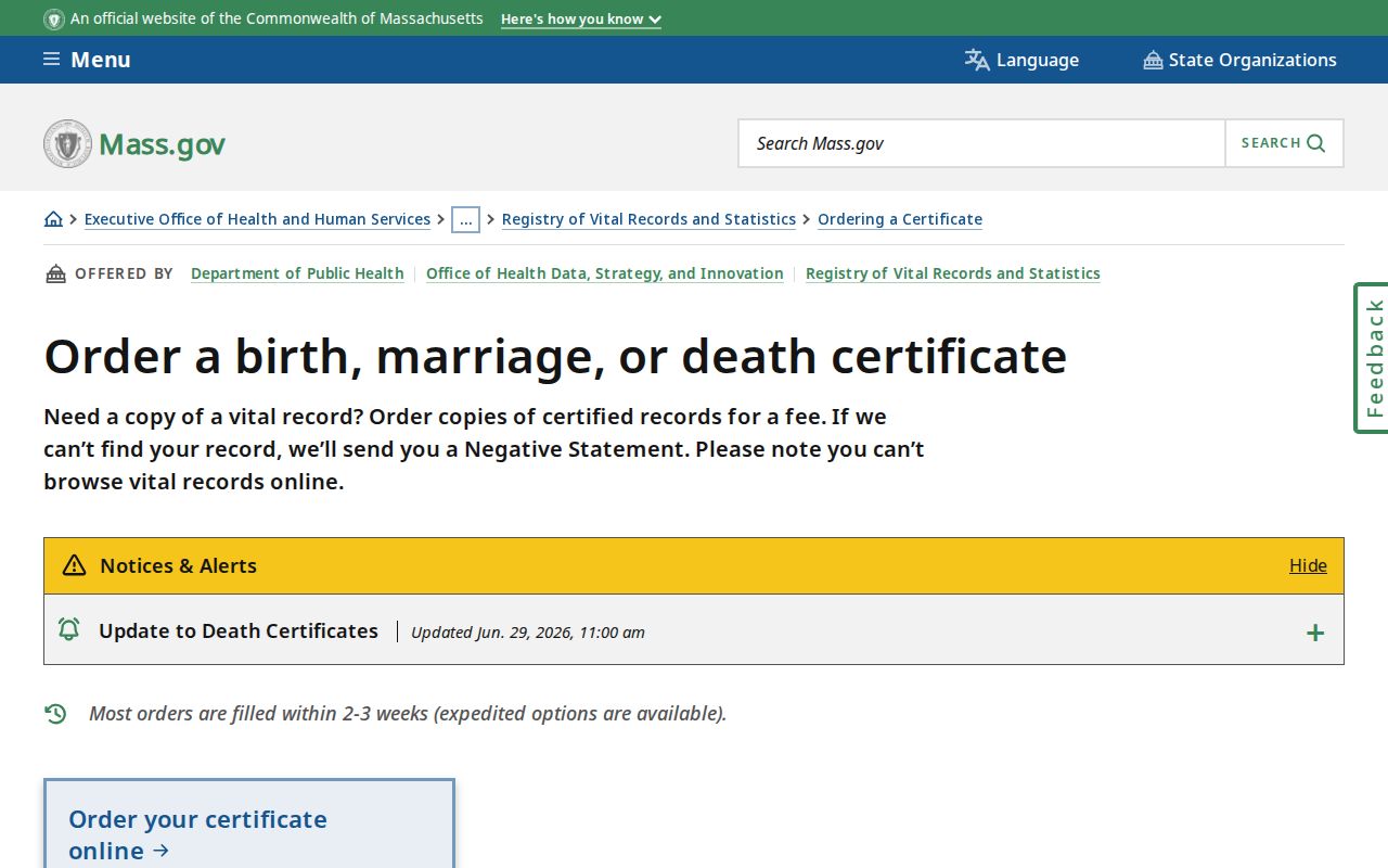 Middleborough resident lookup view of Massachusetts vital certificate order options