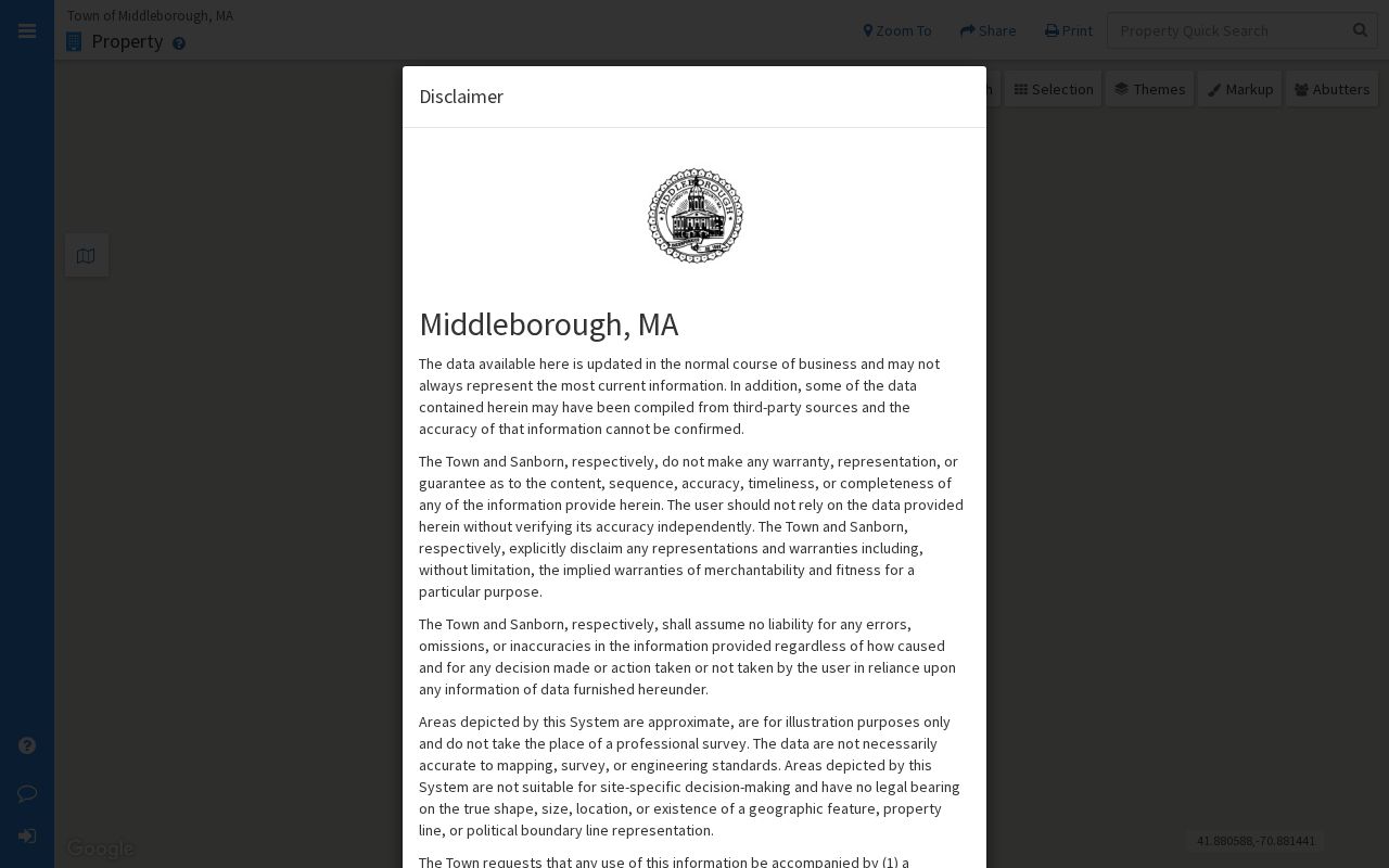 Middleborough street directory MapGeo search with address, owner, and Property ID fields